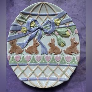 Fitz and Floyd Egg Shaped 3-D Bunny Rabbits, Bows and Hearts Plate